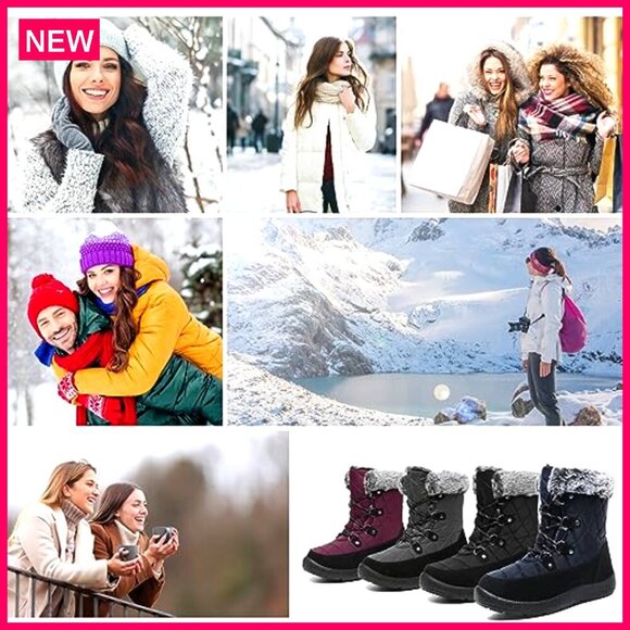 Mid Calf Snow Boots with Faux Fur, Insulated, Lace-Up, Outdoor Winter - Picture 3 of 8